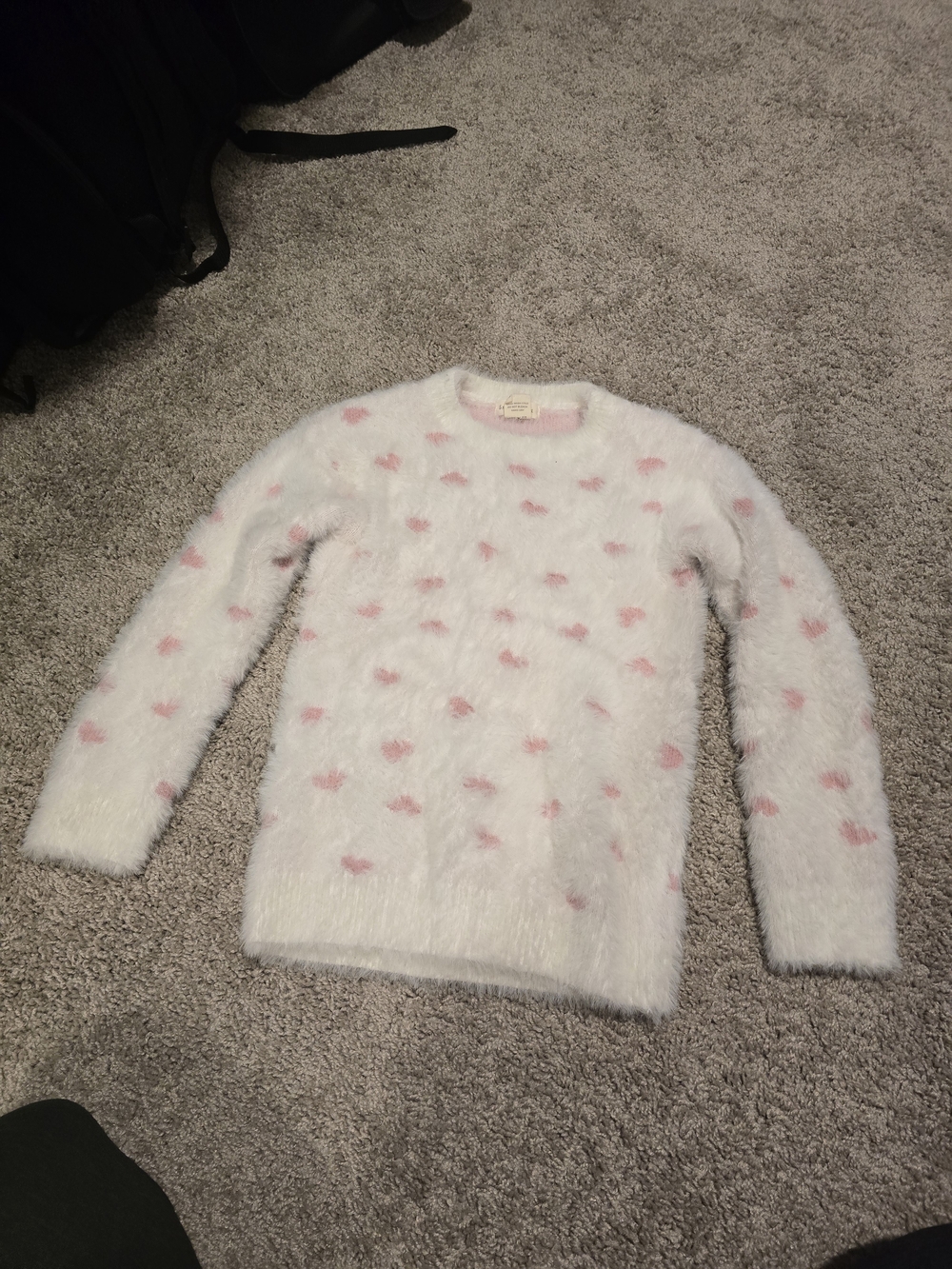 Girls' White Fuzzy Crewneck Sweater with Pink Heart Dots